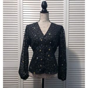 UNTUCKit Scarlett Starry Button Blouse Women's Large Black Celestial Print Top